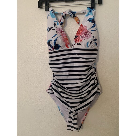 Cupshe Floral and Striped One Piece Swimsuit - Picture 1 of 4